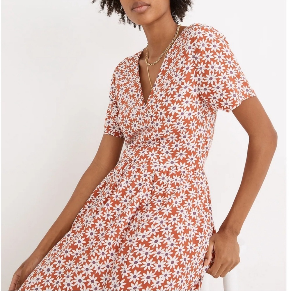 Madewell Short Sleeve Floral Mini Wrap Dress Packed Picnic Daisy Russet